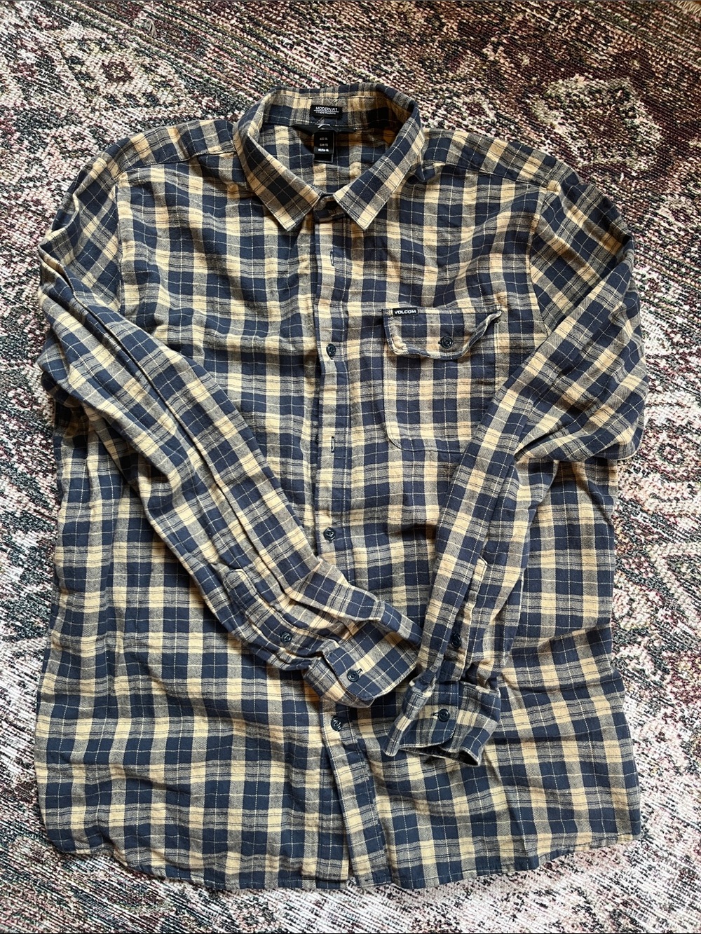 Volcom Men's Navy and Tan Plaid Button-Down Shirt